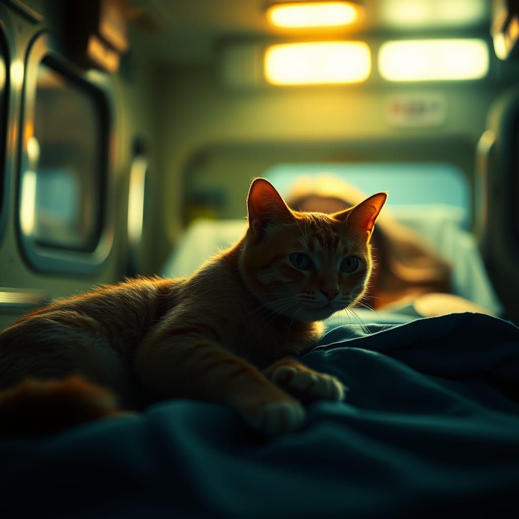 Orange Cat Comforts Woman in Ambulance: Cinematic Still