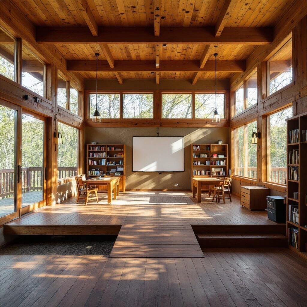 Realistic Nature Community Hall with Wooden Exterior