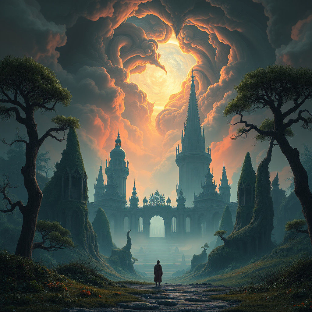 Mystical Landscape with Lone Figure in Matte Painting Style
