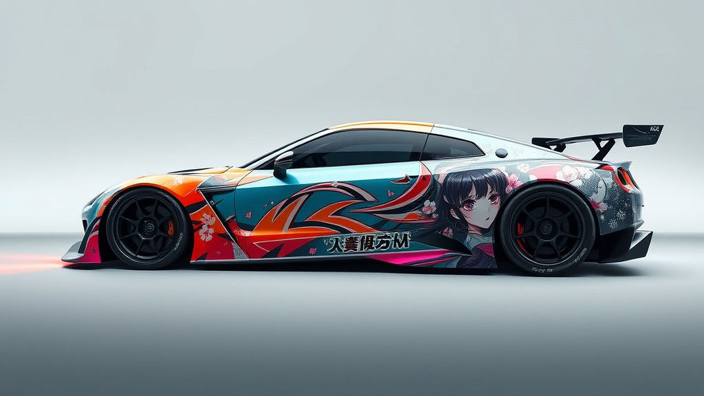 Futuristic Drift Car with Anime-Inspired Japanese Graphics