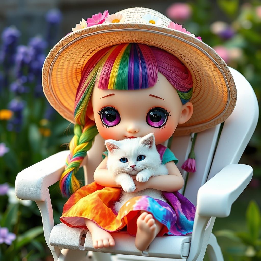 A ultra-realistic photo of a whimsical chubby chibi doll with rainbow hair neatly combed and parted down the middle one ...