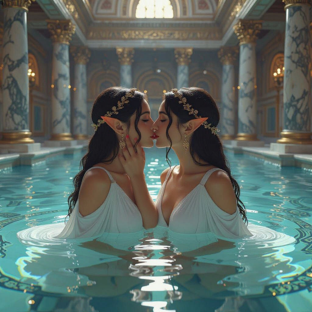 Elf Women Kissing in Roman Bathhouse: Art Nouveau Portrait