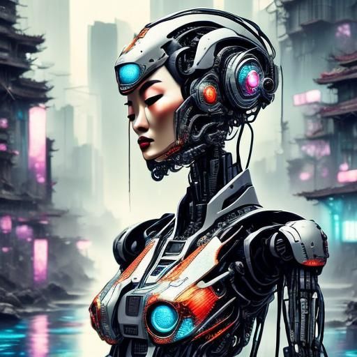 Cybernetic Asian Woman in Water-Ink Style