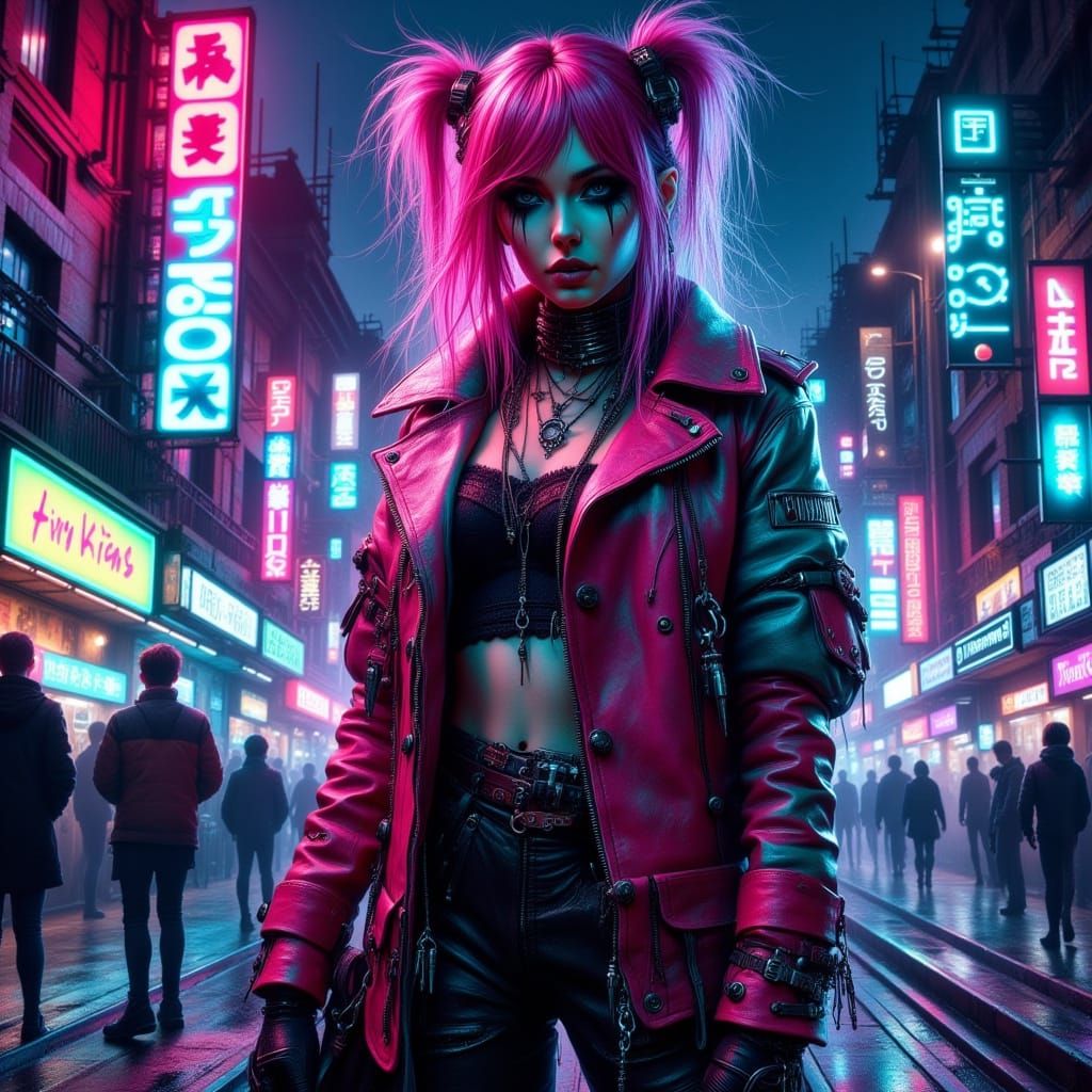 Cyberpunk Woman in Neon Cityscape: Retro-Futuristic Style
