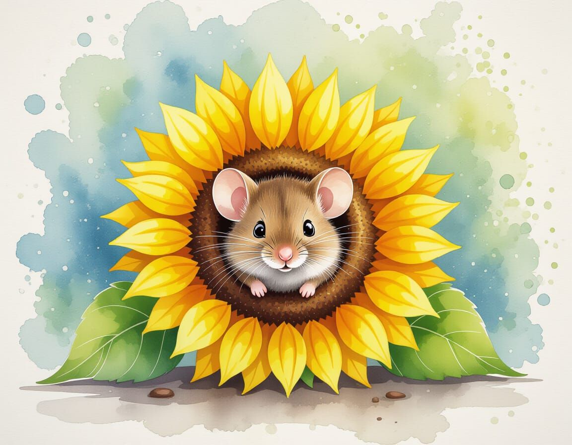 Shy Mouse Hiding in Sunflower, Watercolor Style