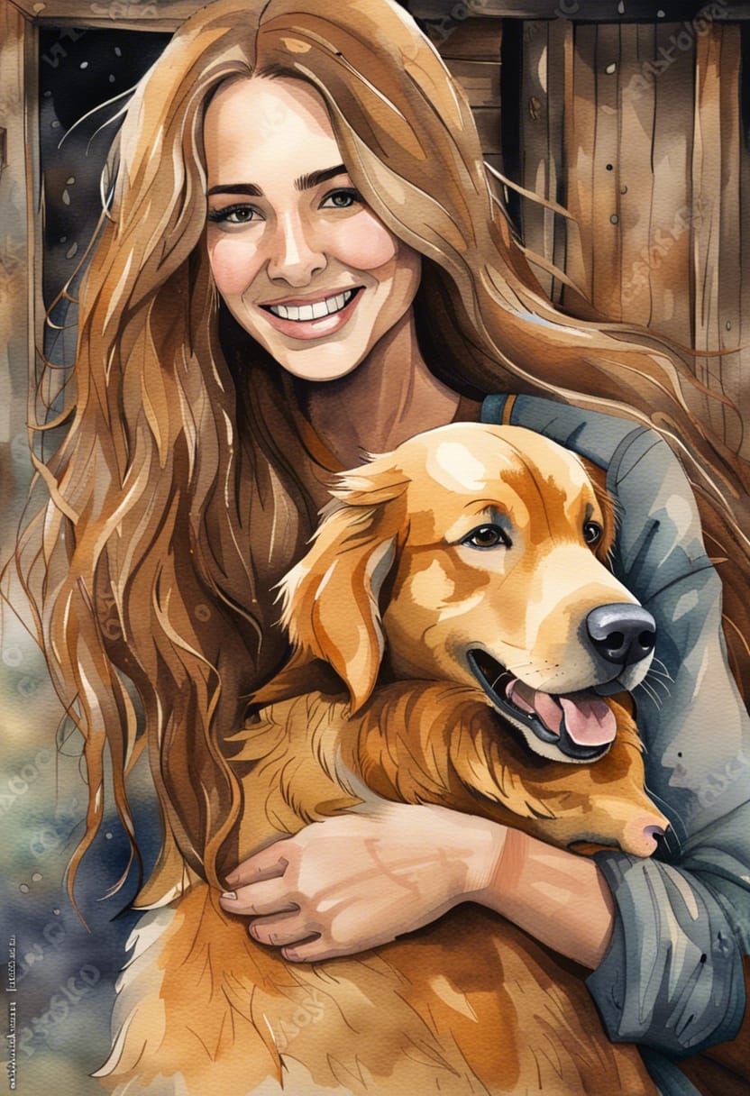 Woman and Golden Retriever Portrait in Watercolor Style