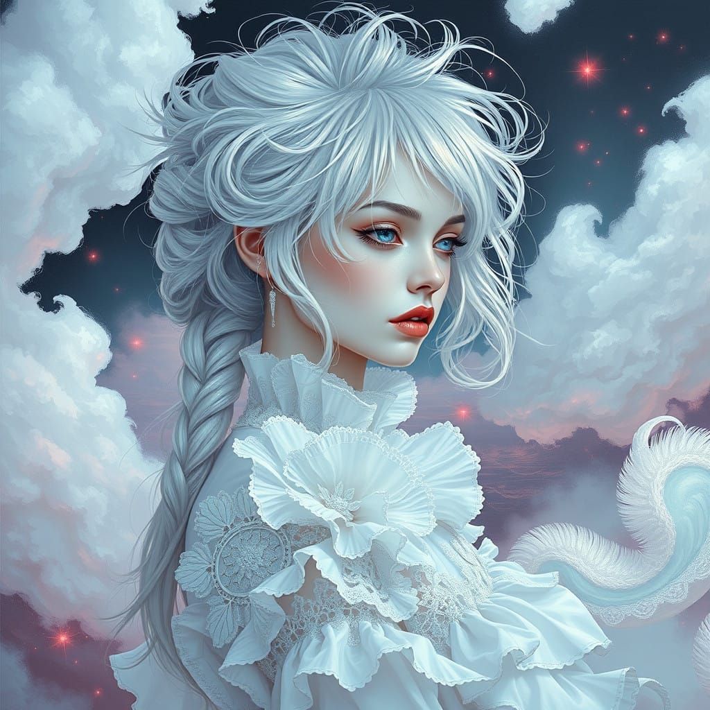 Whimsical Gothic Woman in Dreamy Retro-Futuristic Dreamscape