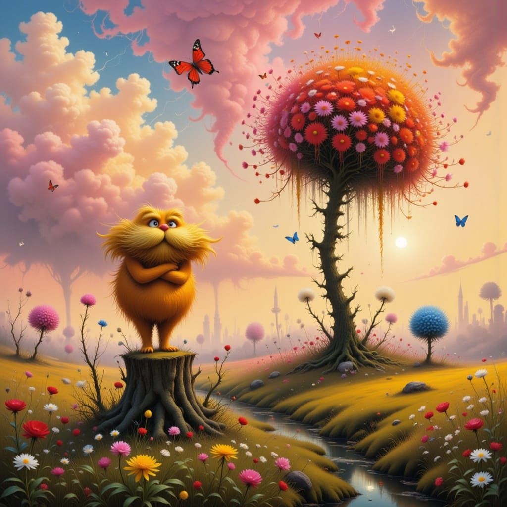 Whimsical Lorax Amidst a Fading Truffula Landscape in a Vibr...