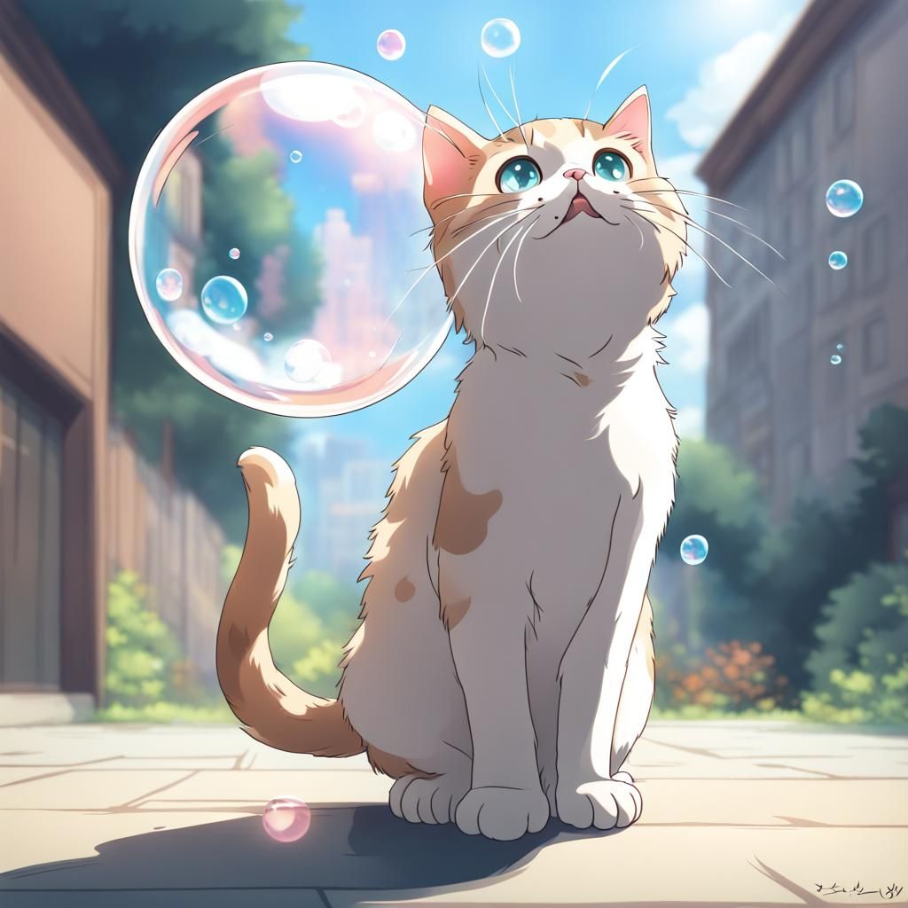 Cat Reaching for Bubble in Anime Style