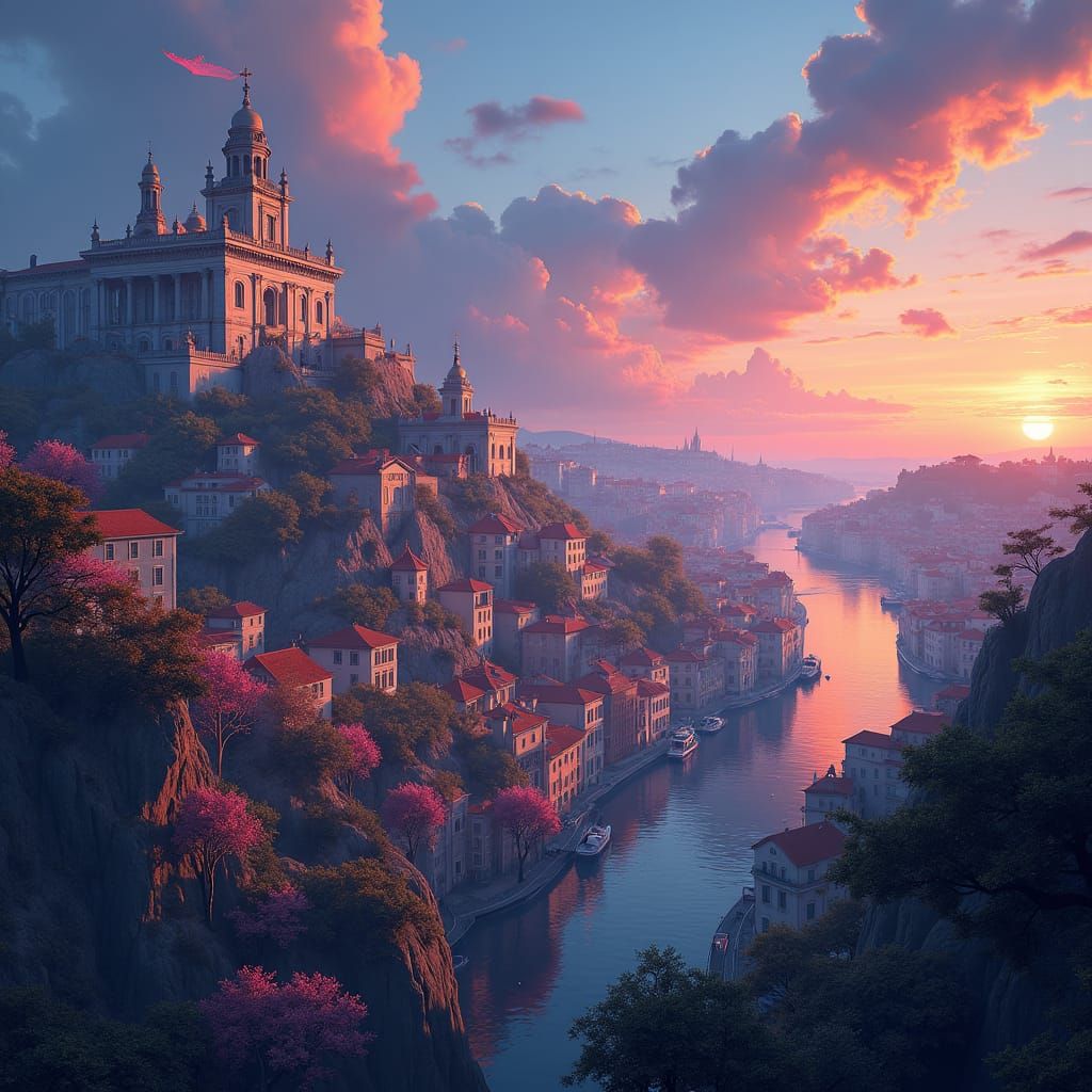 Lisboa Cityscape at Dusk in Fantasy Concept Art Style