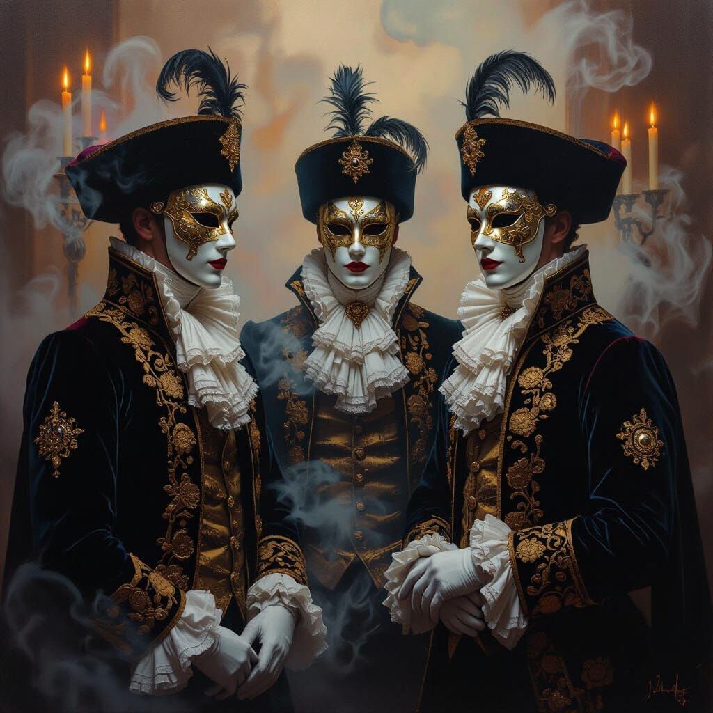 Masked Courtiers in Opulent Attire: Hyperrealist Oil Paintin...