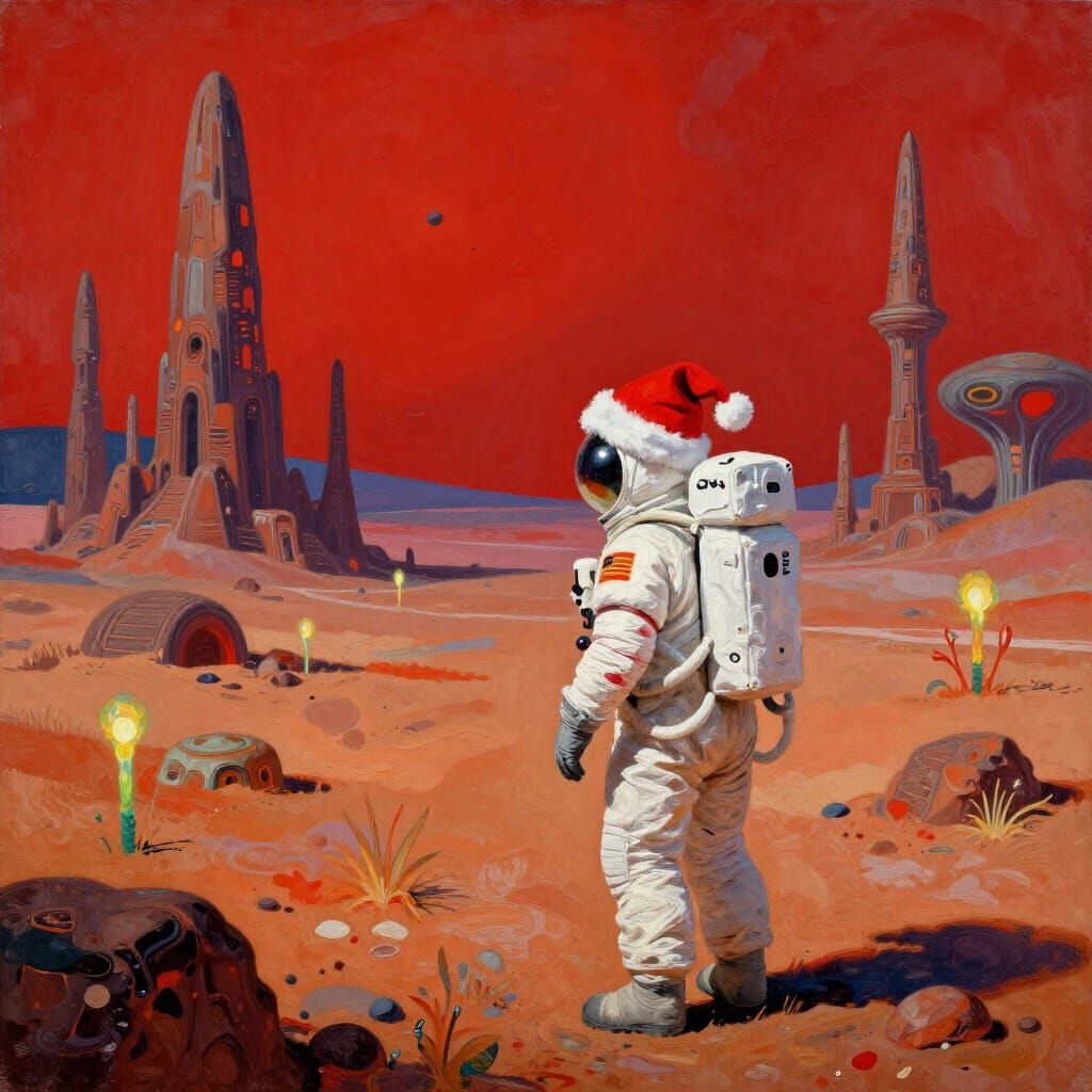 Astronaut Explorer on Alien Planet with Santa Hat