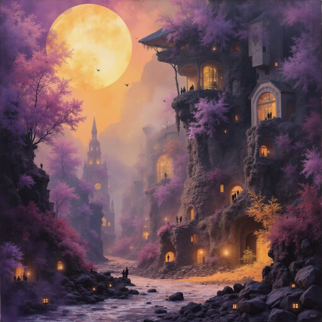 Dark Fantasy Landscape in Purple and Yellow