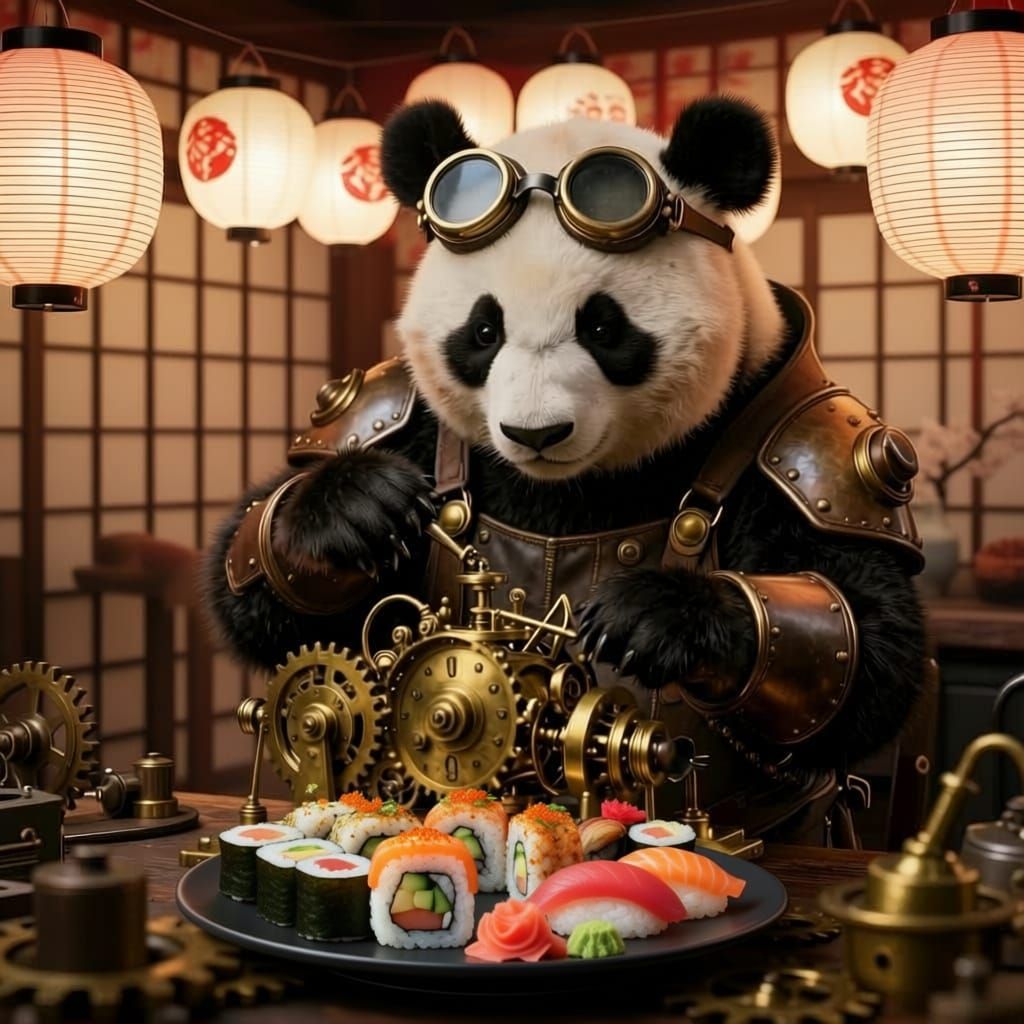 Panda Engineer in Steampunk Workshop with Brass Contraption