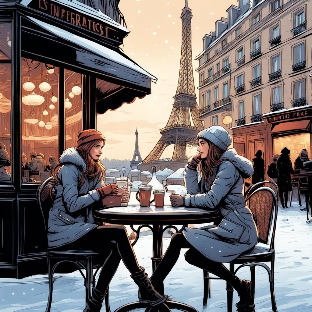 Two Girls in Love at Paris Cafe, Comic Art