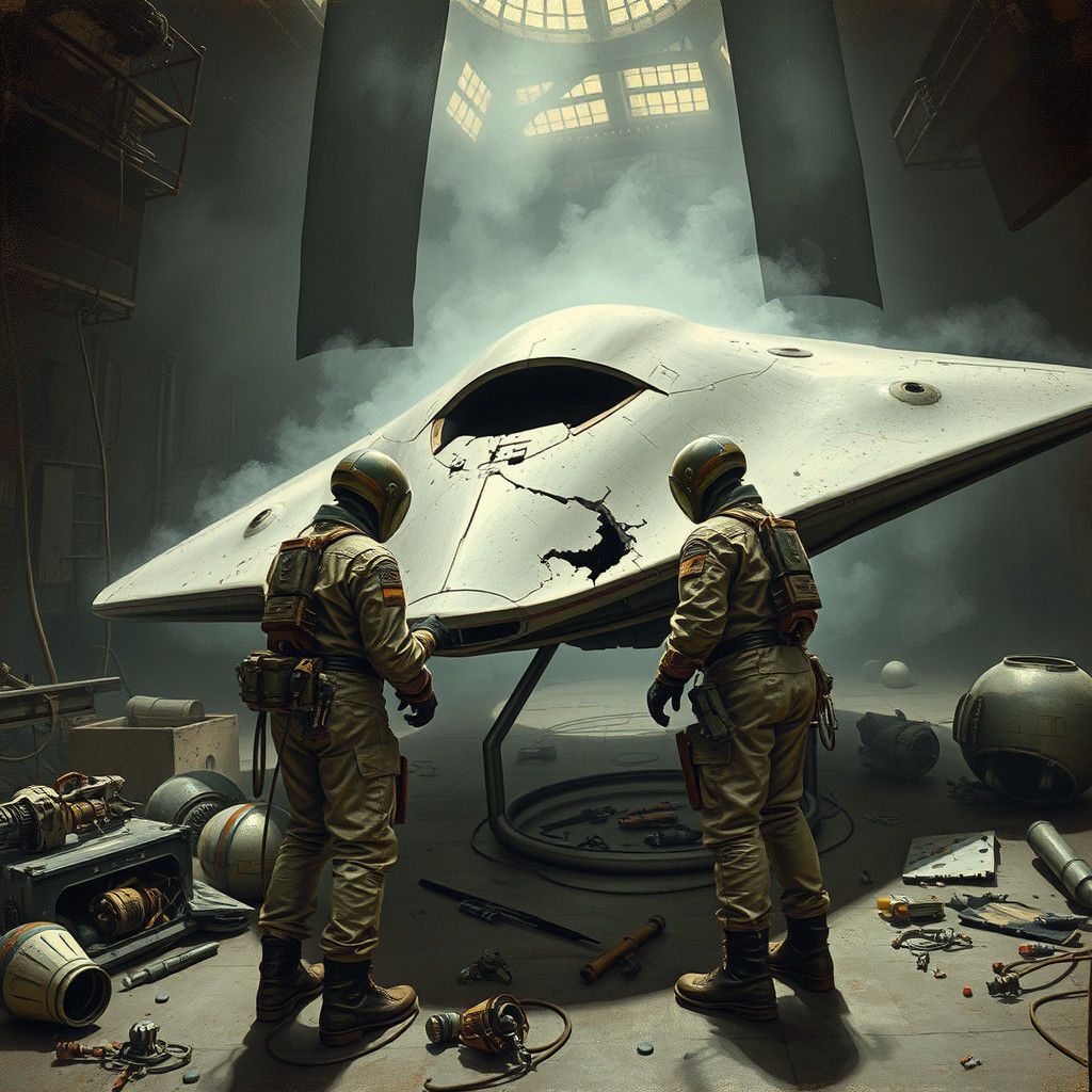 Alien Mechanics Repairing Damaged Flying Saucer in Cubist St...