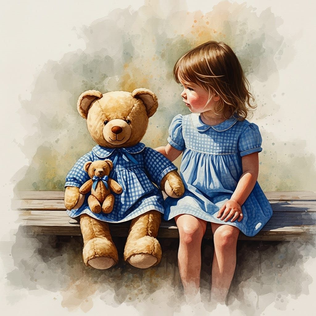 Whimsical Watercolour Scene of Girl and Teddy in Gingham Dre...