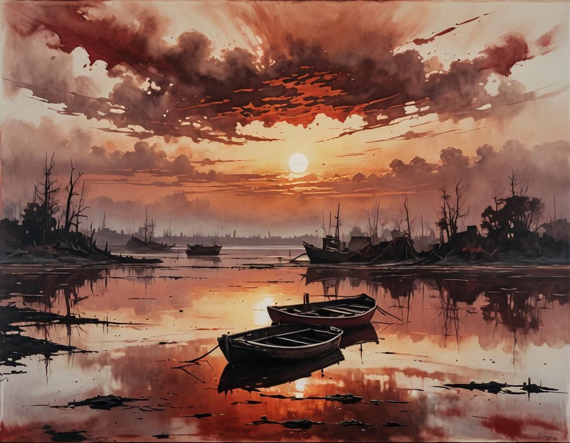 Blood-Red Lake Reflects Fiery Sunset: Oil Painting