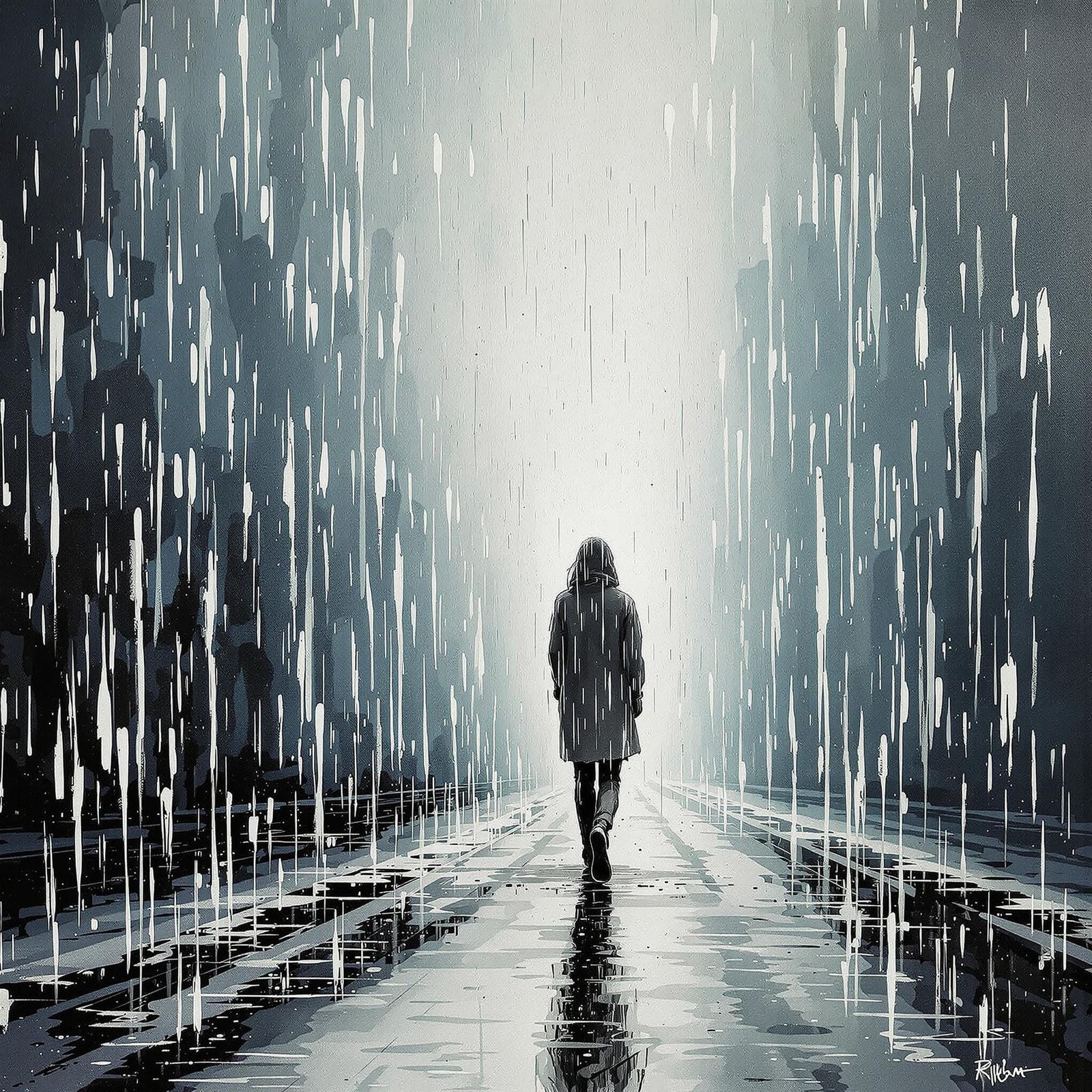 Contemplative Figure in Rainy Gouache Landscape