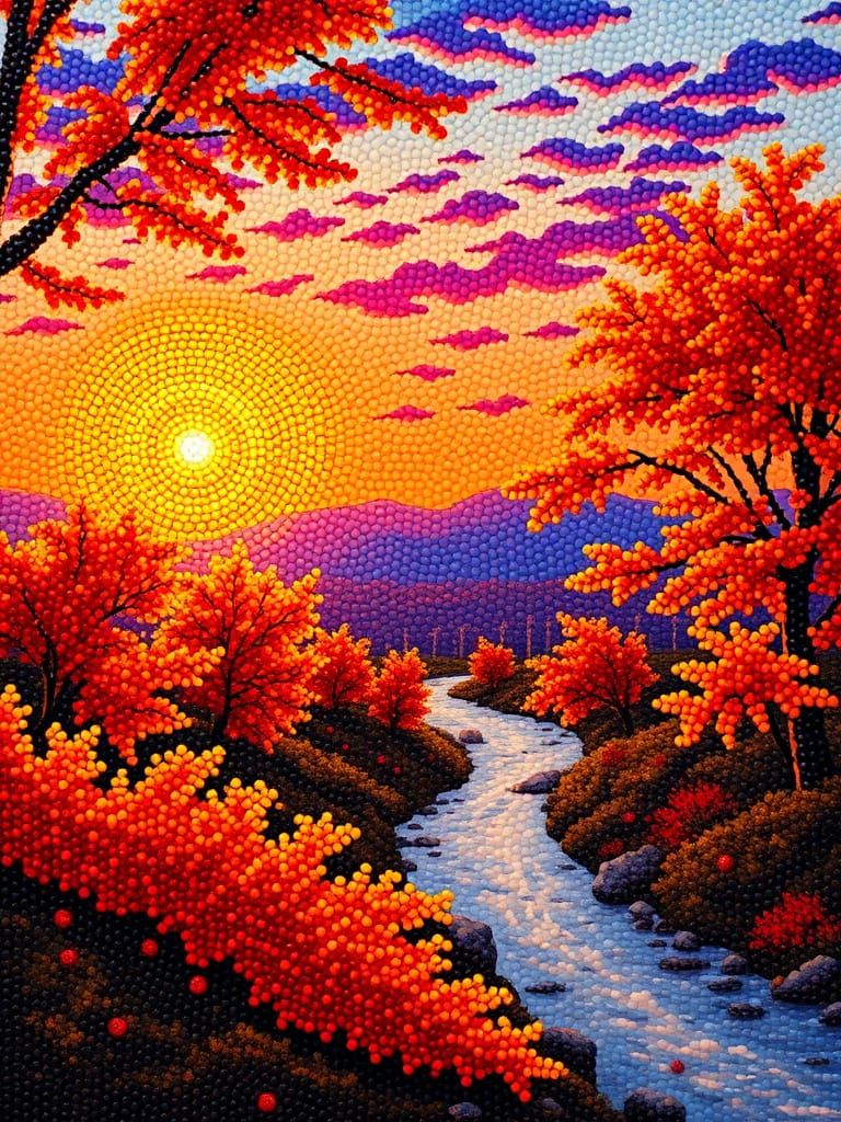 Autumn Sunset Landscape Composed of Multi-Colored Beads