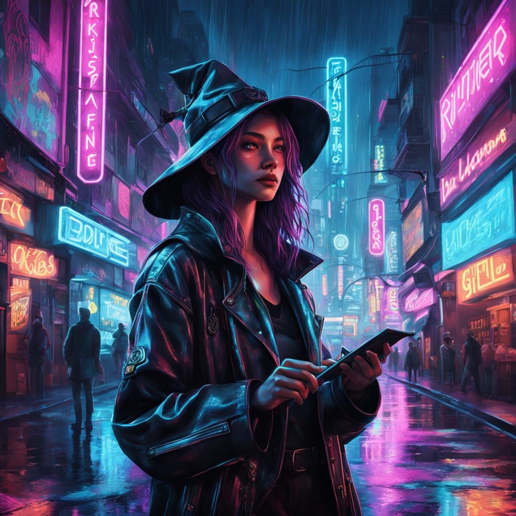 Cyberpunk Witch Casting Holographic Runes in Neon City