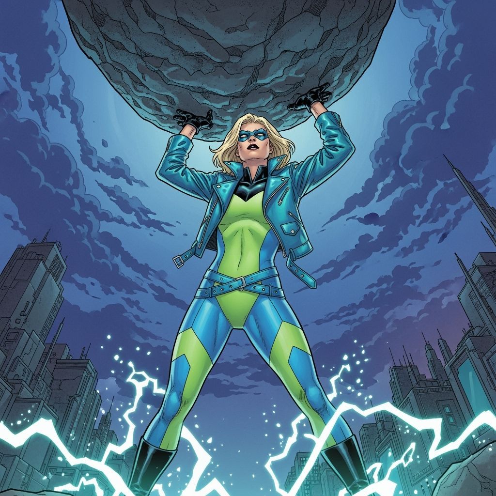 Superheroine Lifts Boulder in Comic Book Art Style
