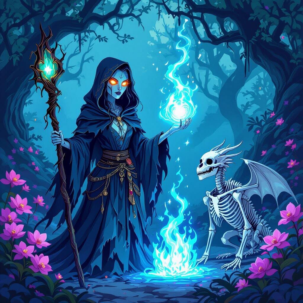 Undead Enchantress with Skeleton Dragon in Orchid Forest