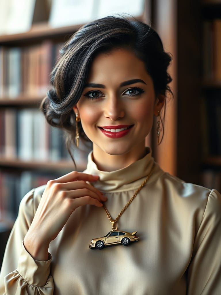 Elegant Woman with Porsche Pendant, Soft Portrait