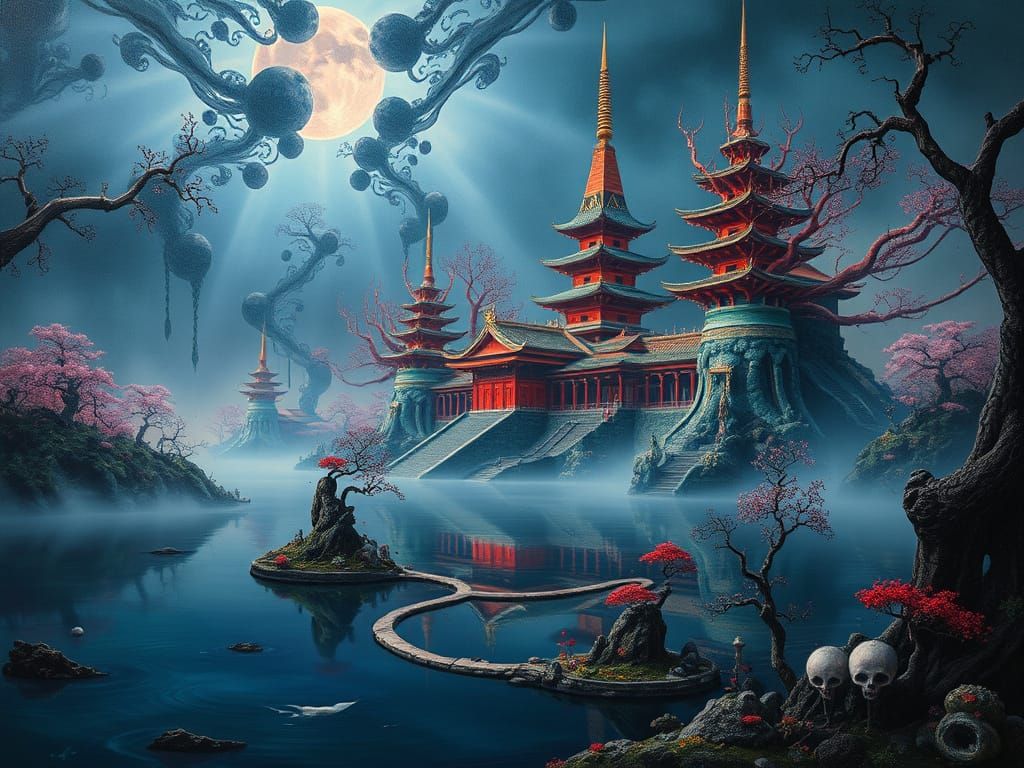 Surreal Japanese Temple Landscape Painting