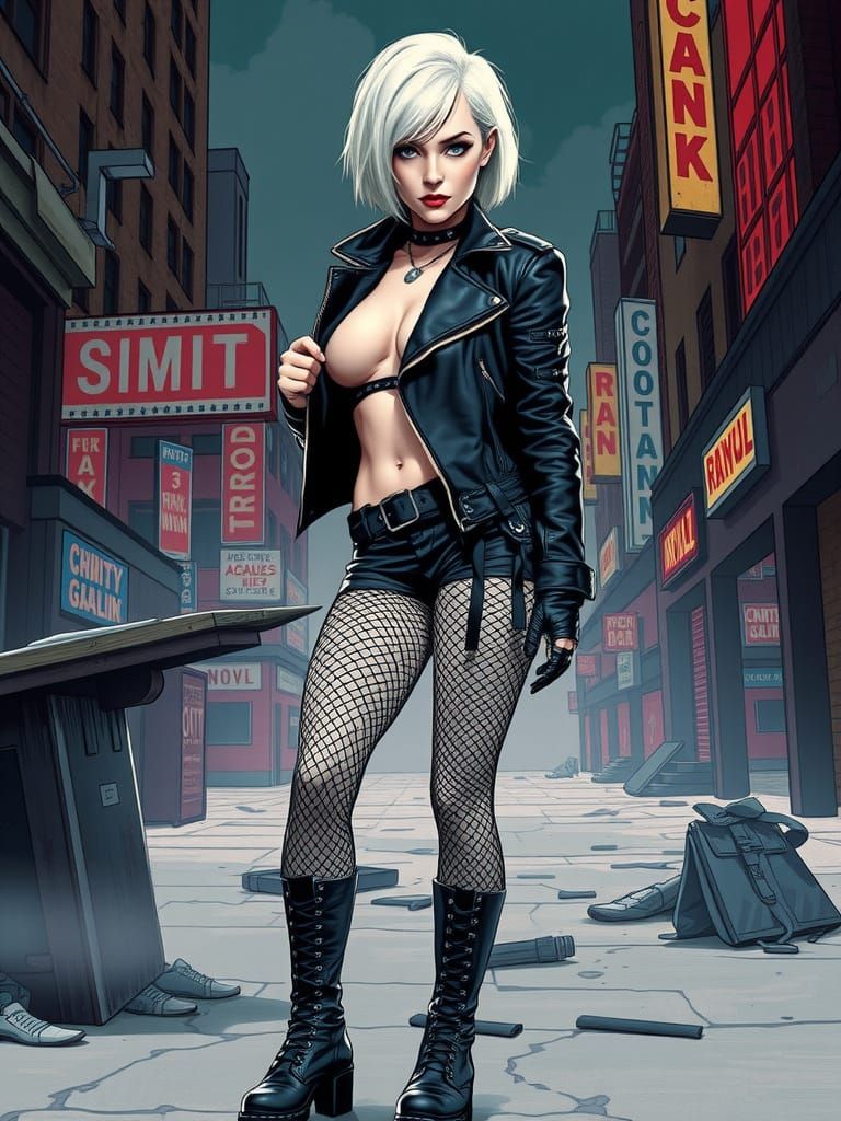 Gritty Comic Fashion Model in Dark Urban Setting