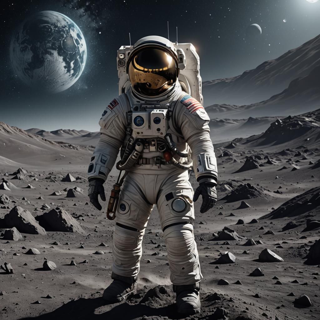 Astronaut on Moon Gazing at Earth: Detailed Matte Painting
