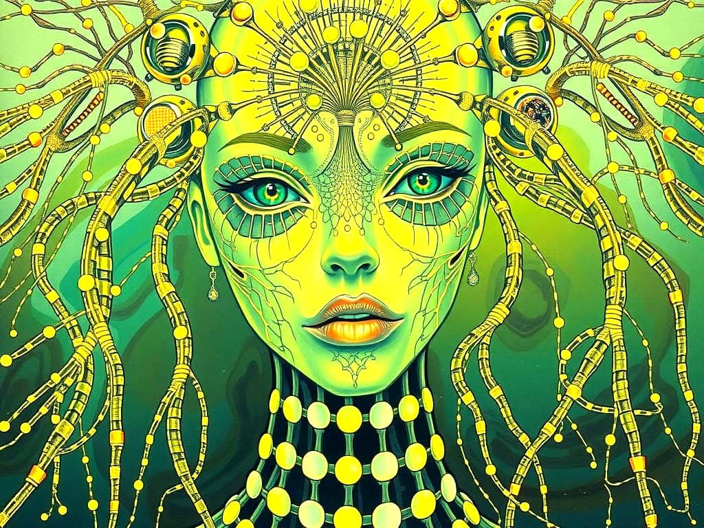 Surreal Dendritic Goddess in Vibrant, Geometric Beauty
