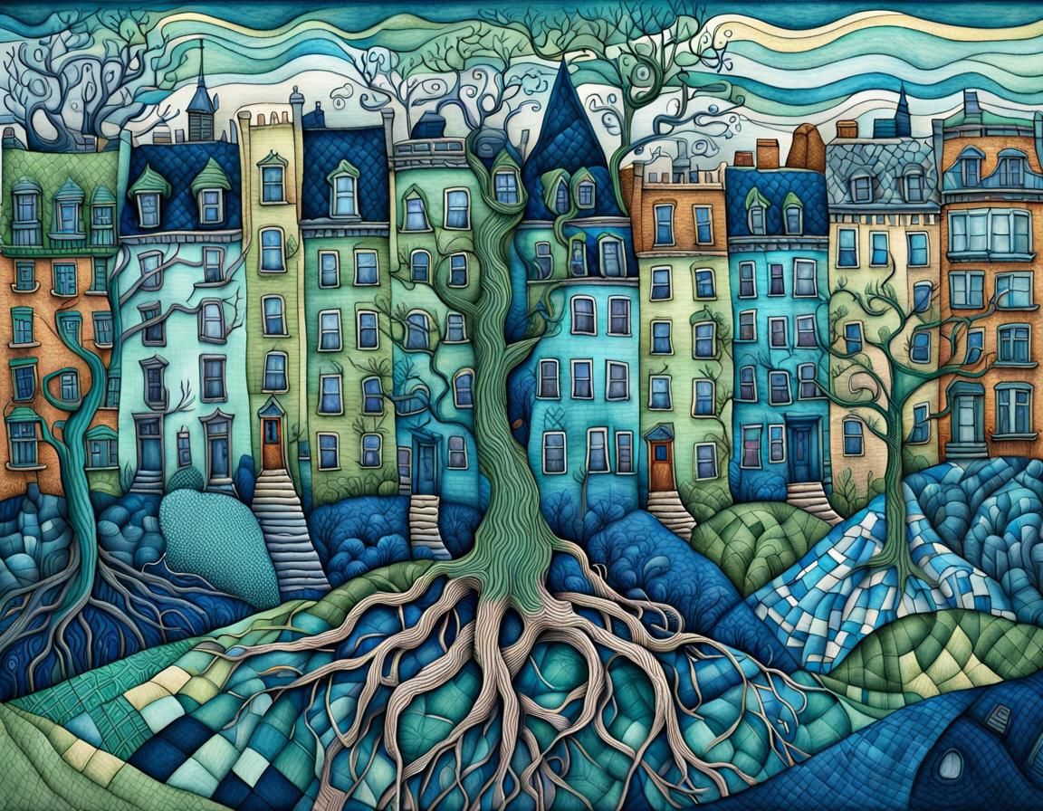 Surreal Cityscape with Twisted Tree Roots in Whimsy Art Styl...