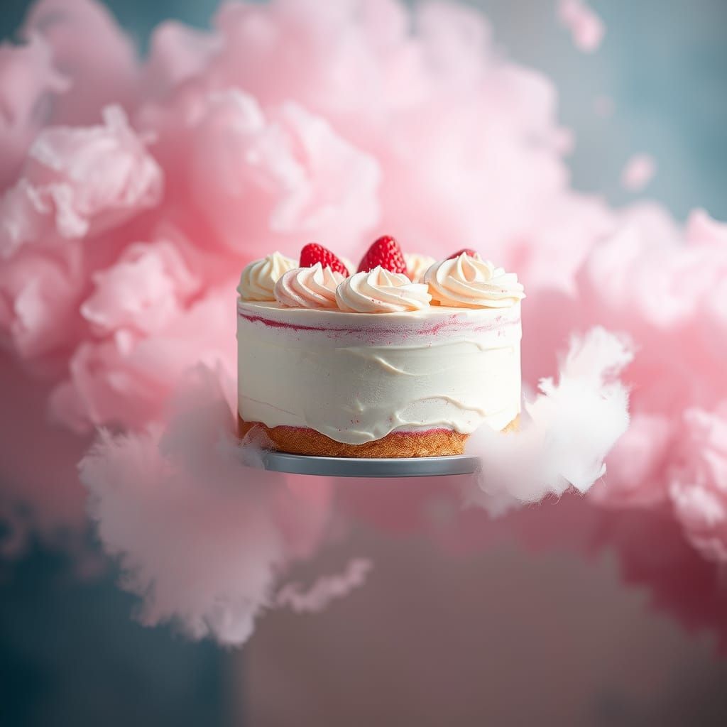 Dreamlike Cake Hovering in Cotton Candy Clouds