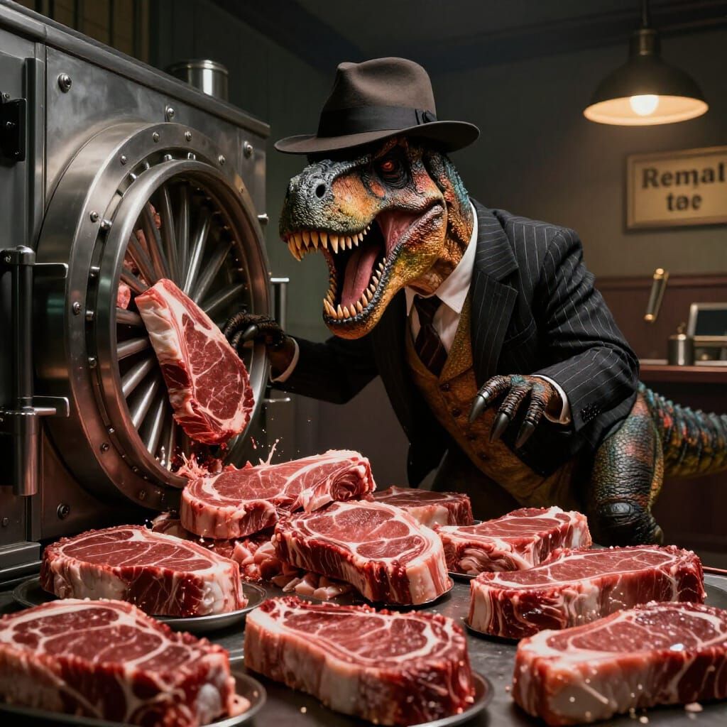 T-Rex Mobster Robs Meat Bank in Noir Style