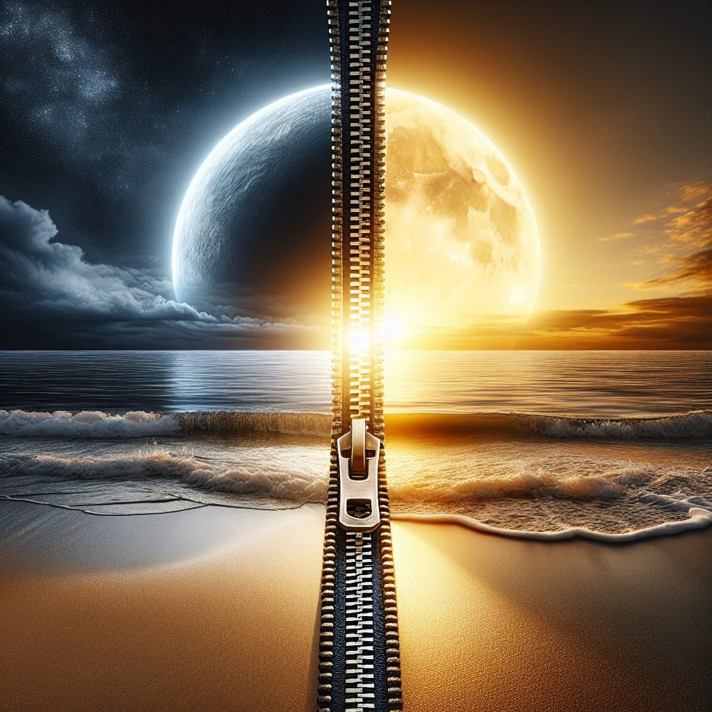 Surreal Zipper Uniting Sunset Beach and Moonlit Sea