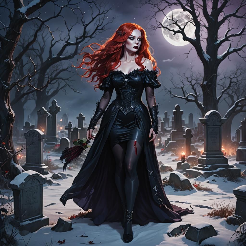 Goddess in Graveyard with Red Hair: Fantasy Art