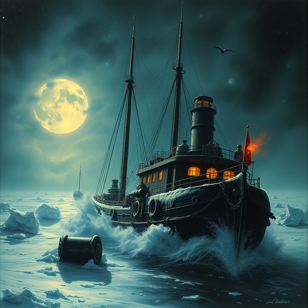 Horrorpunk Trawler in Blizzard on Frozen Ocean