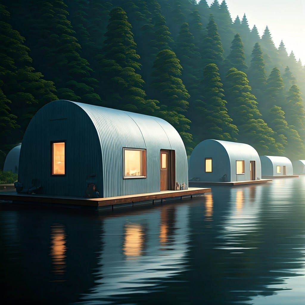 Futuristic Quonset Hut Fleet Glides Across Misty Lake at Daw...