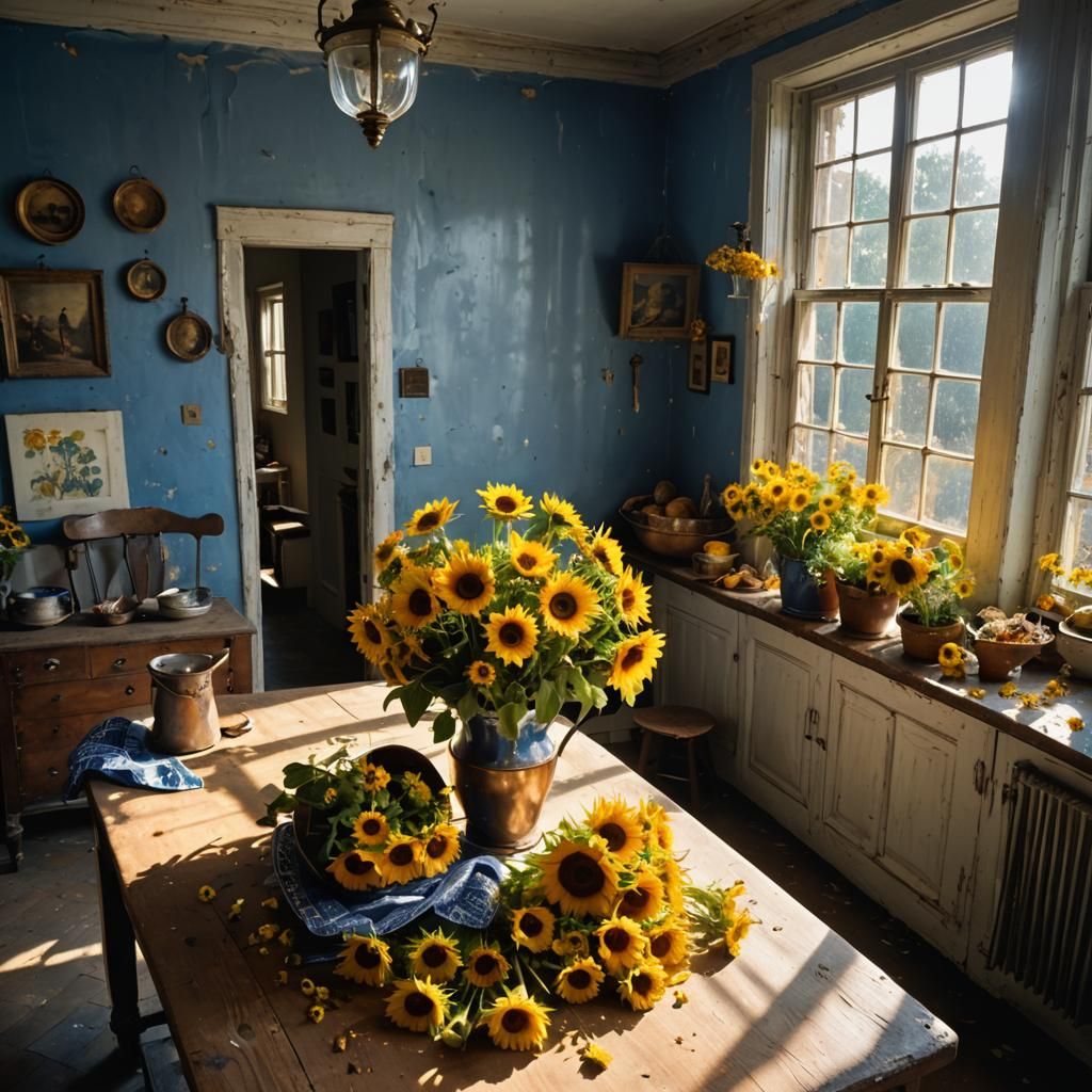 Sunflowers and Delft Blue Flowers in Copper Bucket