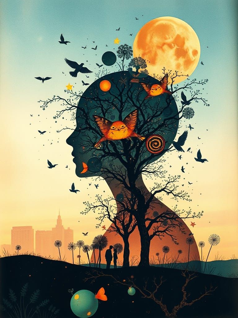 Surreal Dreamscape Unfolds in Vibrant Double Exposure