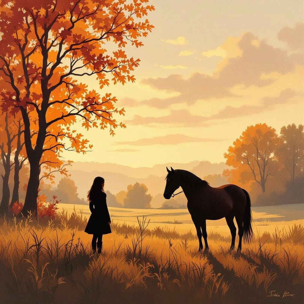 Autumn Meadow: Girl and Horse Silhouette in Golden Hour Glow