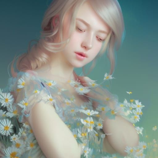 Kawaii Portrait of Emily with Daisies in Pastel Hues