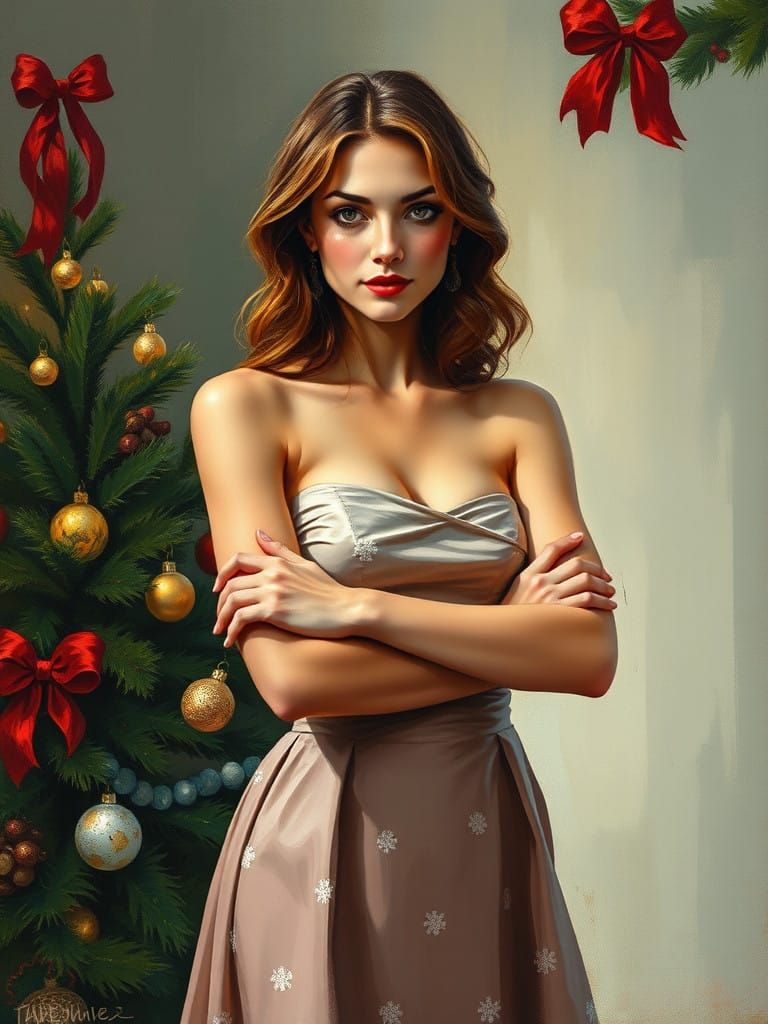 Alluring Woman in Winter Wonderland Oil Painting