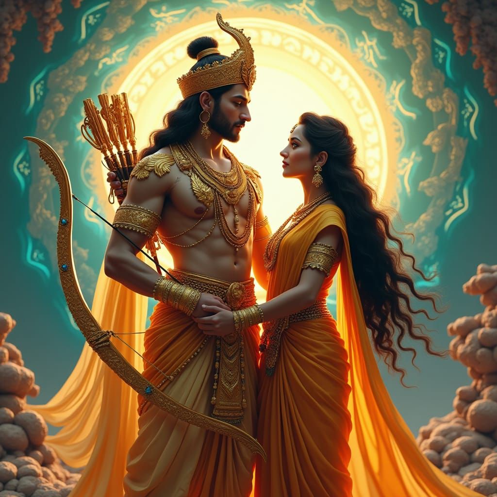 Lord Ram and Sita in Divine Embrace