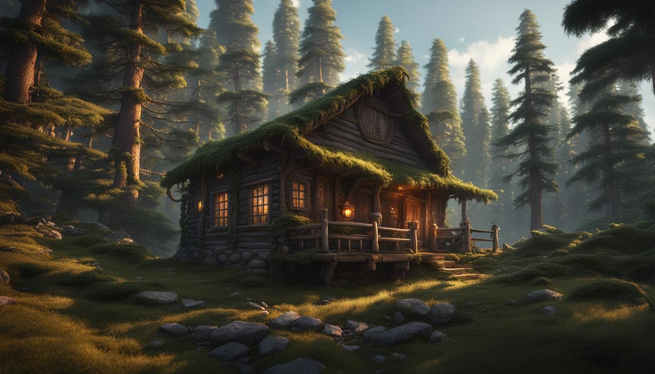 Cabins in Pine Forest: Detailed Matte Painting