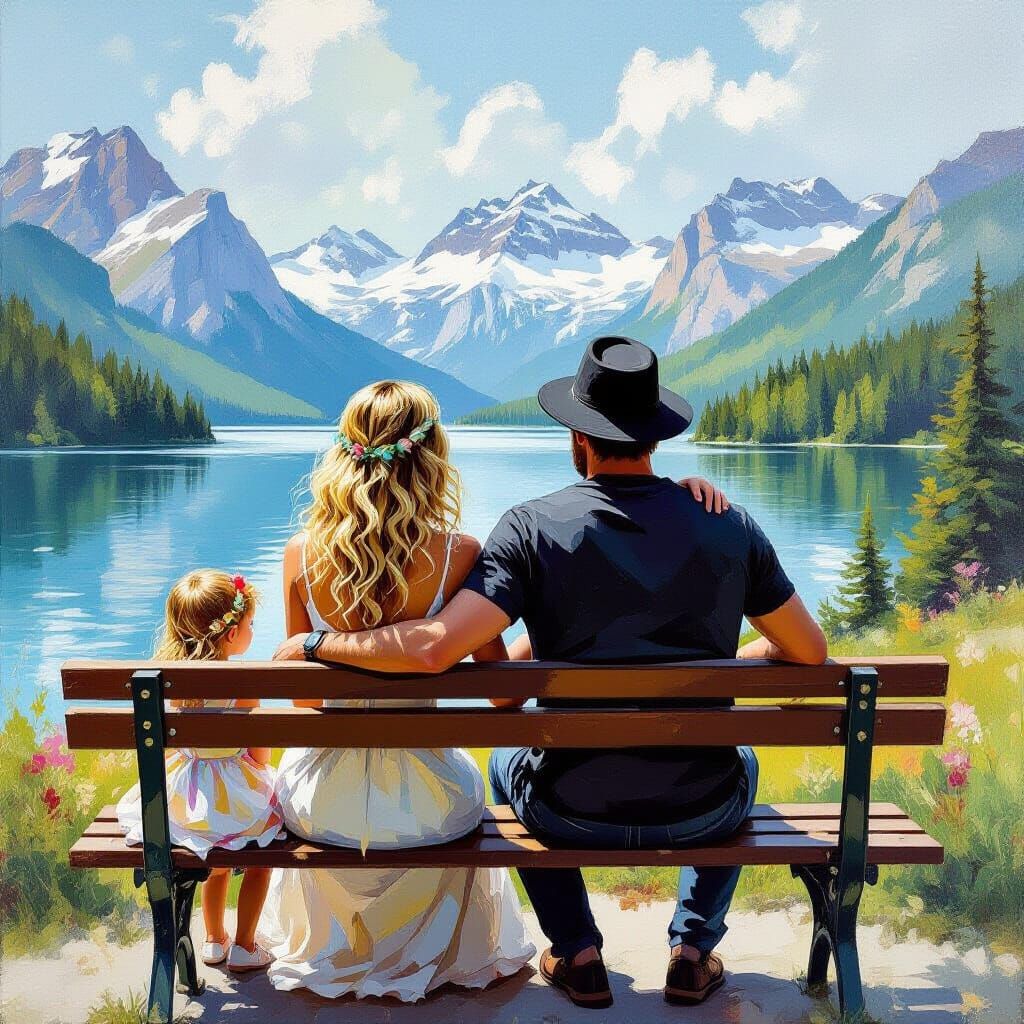 Impressionist Mountain Landscape with Couple and Daughter