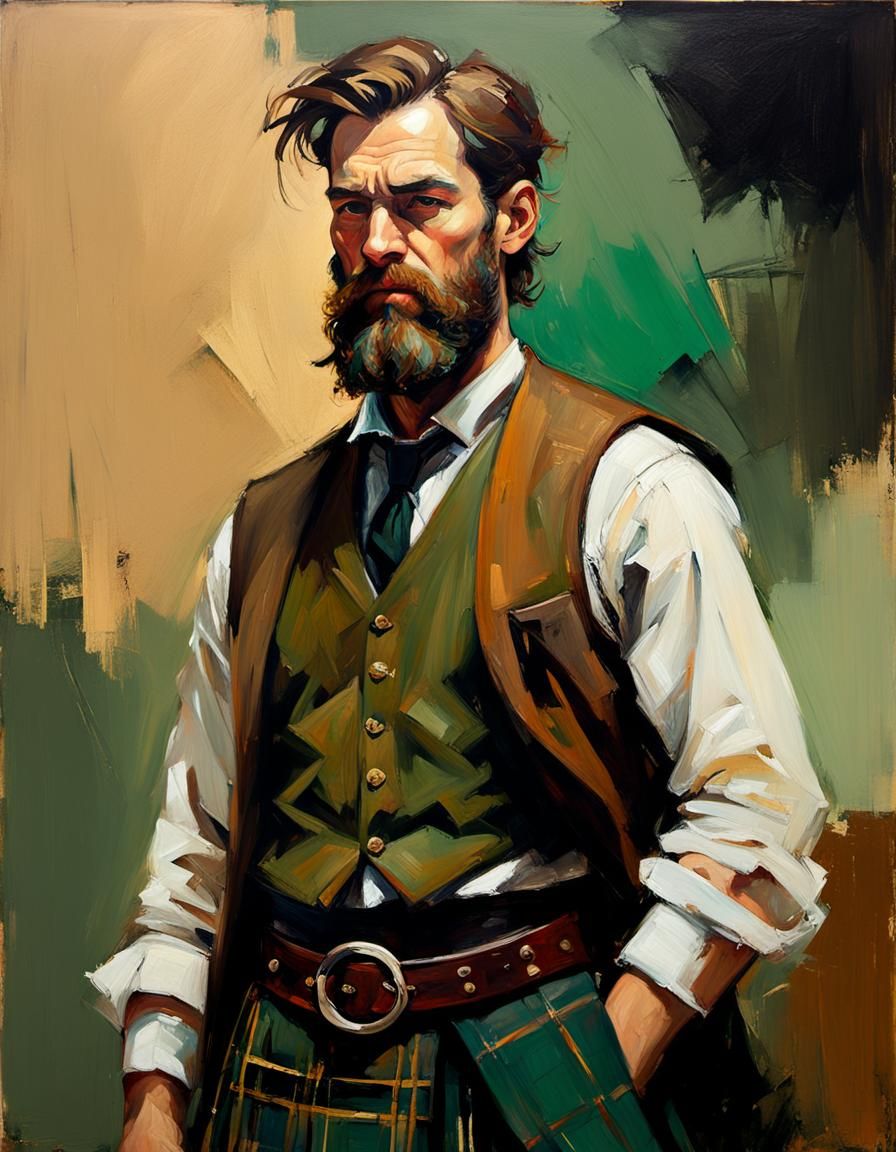 Bearded Man in Kilt Portrait, Expressive Oil Painting