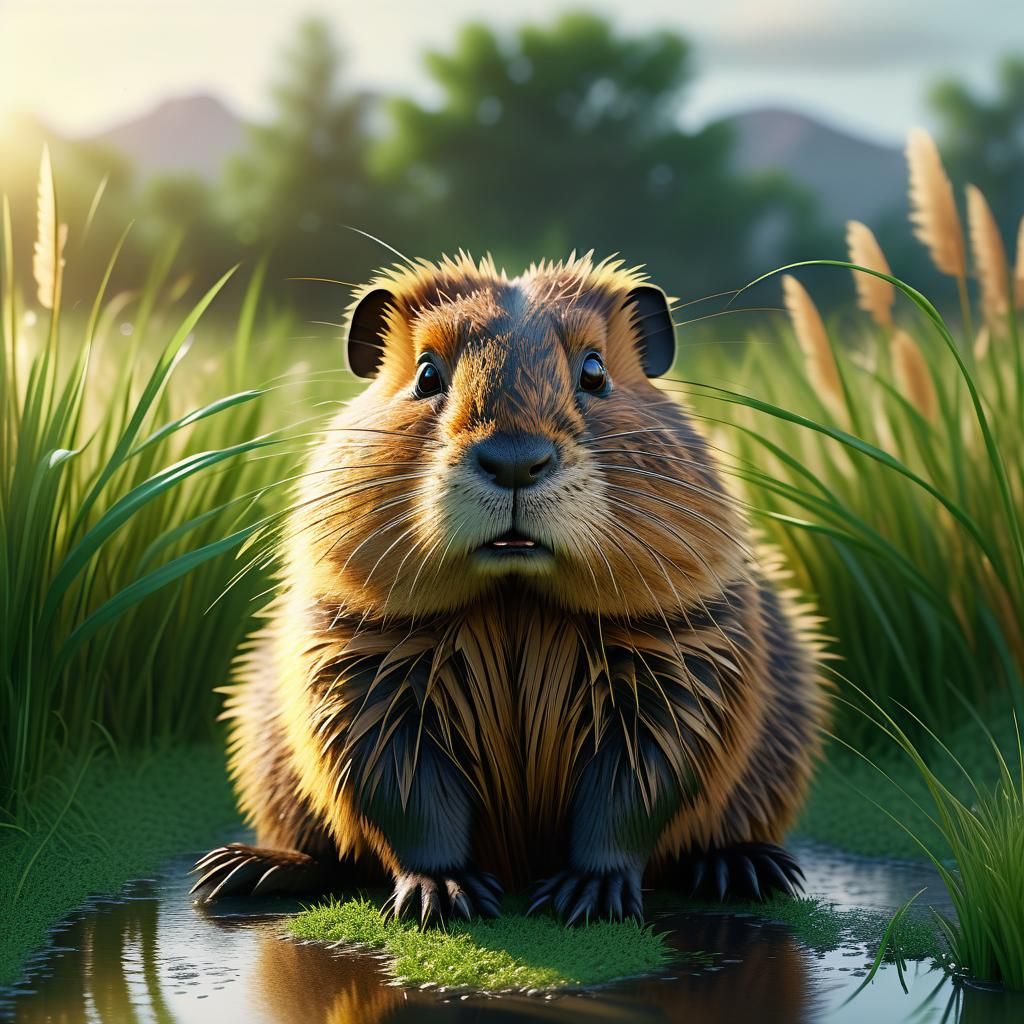 Surrealistic Golden Hour Scene of a Serene Coypu in Nature