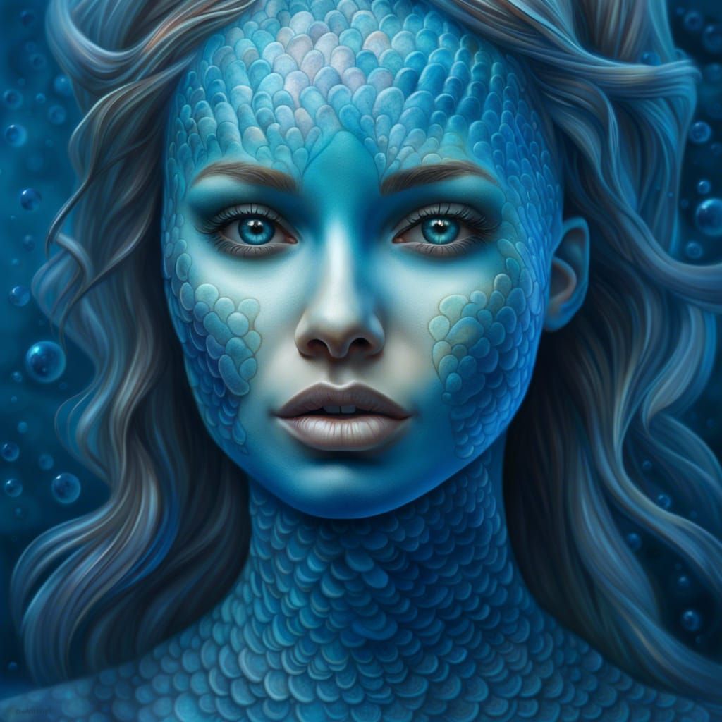 Blue Painted Mermaid Portrait in Hyperrealistic Style